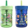 Contigo Leighton Kids Water Bottle, 2-Pack, 14oz, Spill-Proof, Blue Raspberry/Azalea & Butterlies/Llamas, Dishwasher Safe Tumbler with Straw(Paw Patrol Power Pups and Dino Treks)