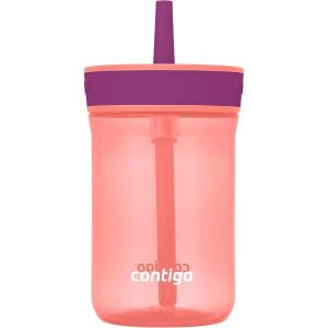 Contigo Leighton Kids Water Bottle, 2-Pack, 14oz, Spill-Proof, Blue Raspberry/Azalea & Butterlies/Llamas, Dishwasher Safe Tumbler with Straw(Coral/Grape)