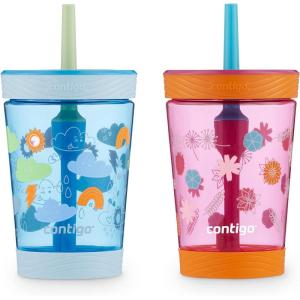 Contigo Leighton Kids Water Bottle, 2-Pack, 14oz, Spill-Proof, Blue Raspberry/Azalea & Butterlies/Llamas, Dishwasher Safe Tumbler with Straw(Dragonfruit Wildflowers & Blue Poppy Clouds)