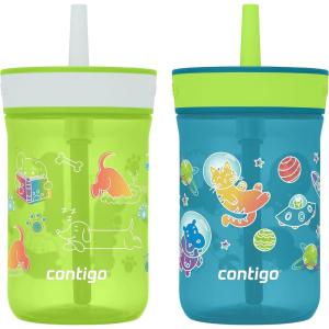 Contigo Leighton Kids Water Bottle, 2-Pack, 14oz, Spill-Proof, Blue Raspberry/Azalea & Butterlies/Llamas, Dishwasher Safe Tumbler with Straw(Lime & Juniper)