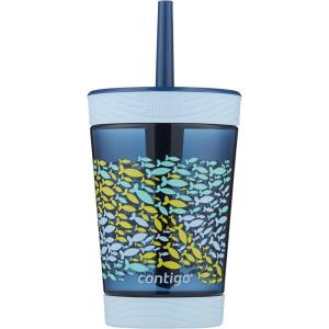 Contigo Leighton Kids Water Bottle, 2-Pack, 14oz, Spill-Proof, Blue Raspberry/Azalea & Butterlies/Llamas, Dishwasher Safe Tumbler with Straw(Nautical Fish)