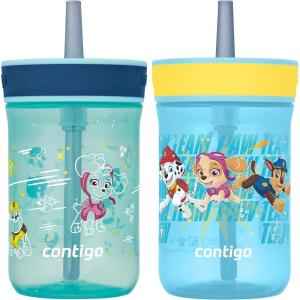 Contigo Leighton Kids Water Bottle, 2-Pack, 14oz, Spill-Proof, Blue Raspberry/Azalea & Butterlies/Llamas, Dishwasher Safe Tumbler with Straw(Paw Patrol)