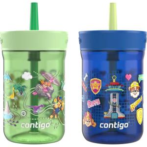 Contigo Leighton Kids Water Bottle, 2-Pack, 14oz, Spill-Proof, Blue Raspberry/Azalea & Butterlies/Llamas, Dishwasher Safe Tumbler with Straw(Paw Patrol Power Pups and Dino Treks)